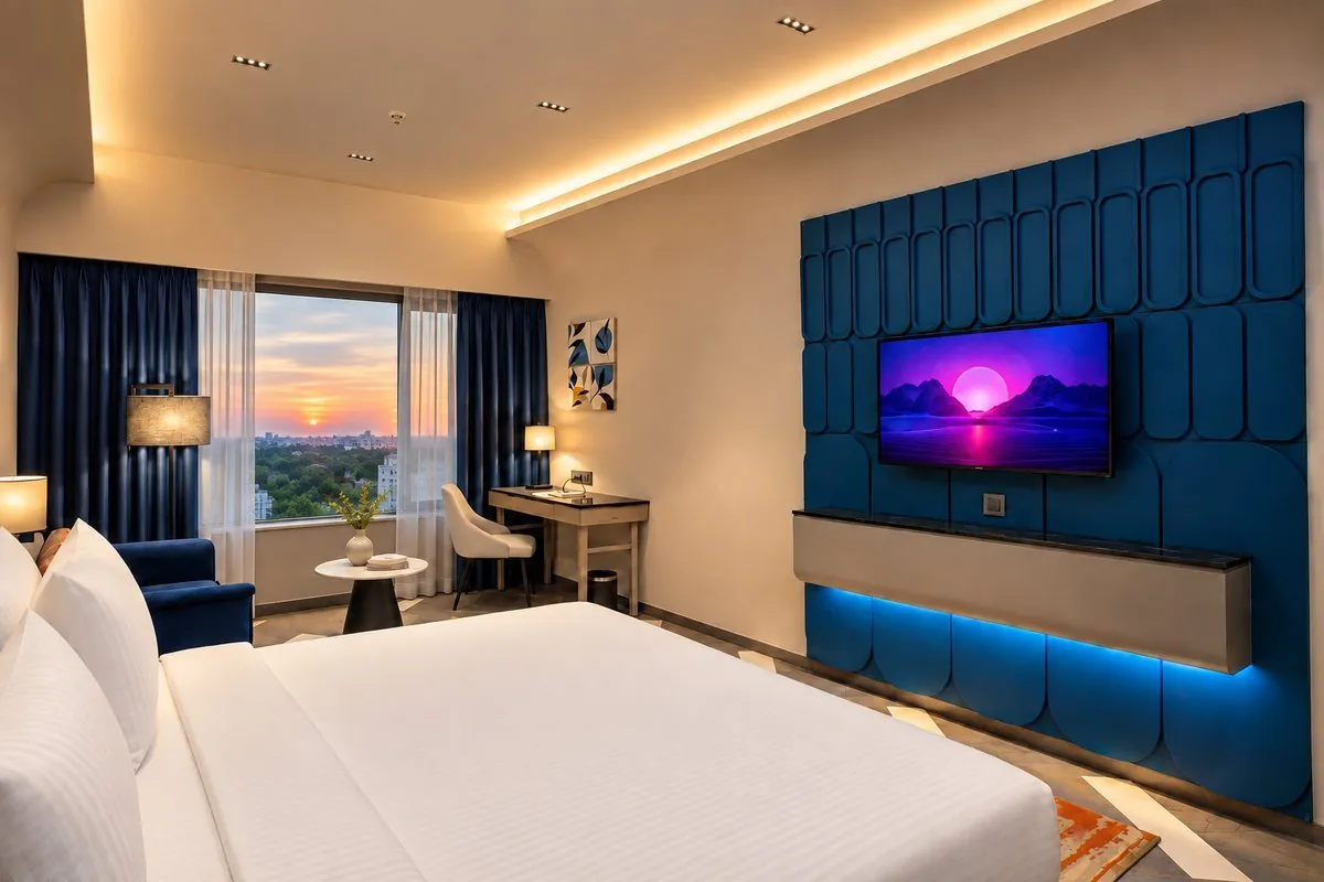 Deluxe Room, king bed and wardrobe